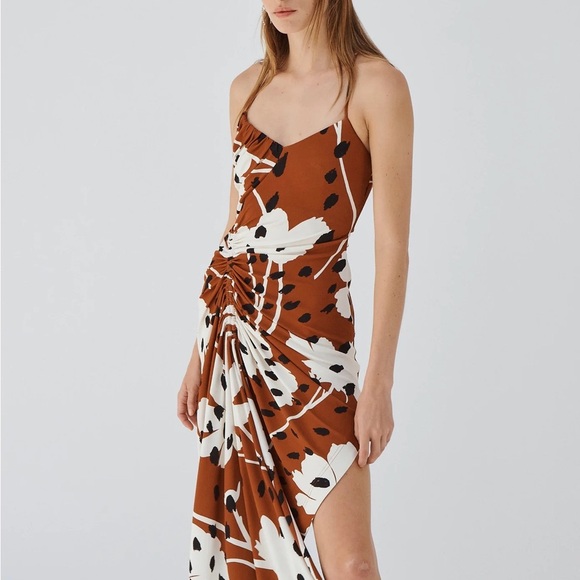 Monse brown abstract floral print asymmetrical draped midi dress - size 12 - Picture 2 of 7